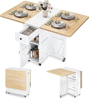 Klappbarer Esstisch mit Rollen, multifunktionaler Küchentisch mit 1 Schublade & 2-stöckigem Reg…