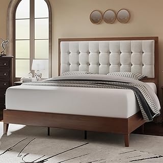 Massivholzbett 140×200 cm aus Kiefernholz, Holzbett mit gepolstertem Kopfteil aus Leinenstoff, Wa…