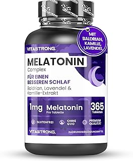 Vitastrong Melatonin Komplex, 365 Mikro-Tabletten, Hochdosiertes Melatonin mit Kamille, Baldrian,…