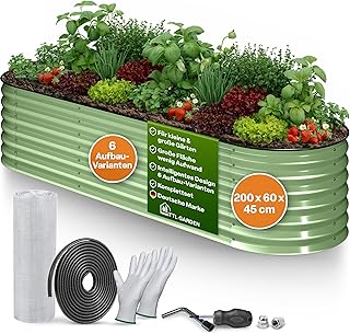 TTL GARDEN 200x60x45cm Metall Hochbeet Fusion 6-in-1 Salbei Grün – Stahl rostfrei verzinkt & lac…