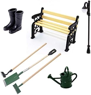 Miniatur Puppenhaus Set Gartengeräte + Gummistiefel +Gießkanne +Parkbank+Straßenlampe Mini Orn…