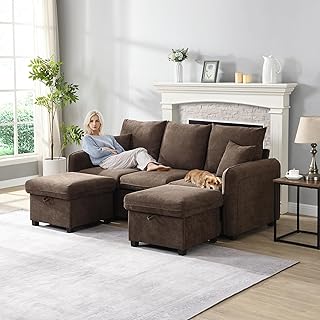 Merax Multifunktionales Ecksofa, 3-Sitzer Polster-Sofa mit Schlaffunktion, mit 2 Staufunktion Hoc…