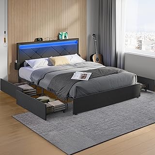 VASAGLE Doppelbettgestell, Bettgestell, passend für 140 x 200 cm Matratze, LED, Metallbett, 4 Sc…