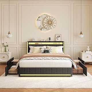 Polsterbett 140×200 cm mit LED-Kopfteil, USB-Ladefunktion und Lattenrost, 4 praktischen Schublade…