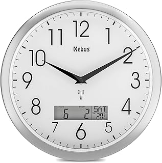 Mebus Funk-Wanduhr, 29 cm, lautlos, LCD-Anzeige für Datum und Temperatur, weiß, Modell 19422 – …