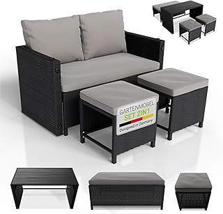 Juskys 2in1 Polyrattan Relax Gartenmöbel Set Jamaika – Tisch, Gartenlounge Sofa – Balkonmöbel S…