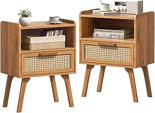 LELELINKY Nachttisch Modern Rattan 2er Set, Kleiner Beistelltisch Holz mit Schublade und Offenem …