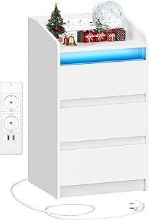 Hzuaneri Nachttisch mit 3 Schubladen, Beistelltisch mit Ladestation und LED, 2 AC-Steckdosenund 2…