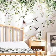 Wandtattoo Grüne Zweige mit Vögeln Blätter Blüte Wandaufkleber Grün Hängende Rebe Pflanzen …