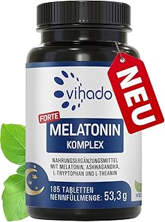 Vihado Melatonin Tabletten hochdosiert – 370 Nächte FORTE Komplex vegan – Rein ohne Zusätze – P…