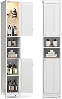 VASAGLE Badezimmerschrank mit Beleuchtung, hoch, schlanker Badschrank, Aufbewahrungsschrank mit v…