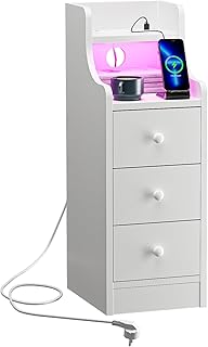 Schmaler Nachttisch mit LED-Beleuchtung – 30x25cm Kommode Schlafzimmer mit 2AC+2USB Steckdose, 3 …