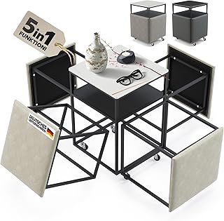 4 Hocker mit Beistelltisch – Jetzt Platz Sparen! [5 in 1 Cube Grau/Weiß] Couchtisch, Wohnzimmert…