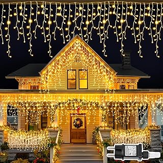 Eisregen Lichterkette Außen, 10M 408LED Warmweiß Eisregen Weihnachtsbeleuchtung Außen mit Time…