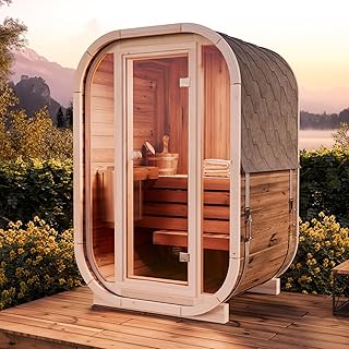 Fasssauna Ellipso S, Moderne Outdoor Sauna inkl. Dacheindeckung, Kompakte Gartensauna mit Glasfro…