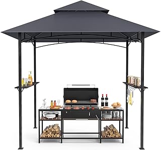 GVDV Grillpavillon 2,4 x 1,5 m – Wetterfeste Grillüberdachung mit 2-stufigem Dach, Ablagen, 10…