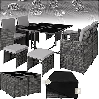 tectake Lounge Möbel Set aus 4X Stühle, 1x Tisch, 4X Hocker, wetterfest und platzsparende Cube …