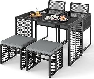 GIANTEX Rattan Gartenmöbel Set, Balkonmöbel Kleiner Balkon, Balkonmöbel Set 2 Stühle mit Hock…