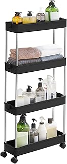 SONGMICS Rollwagen, Küchenwagen mit 4 Ebenen, Küchenregal, Nischenregal, mit 6 Haken, 360° dre…