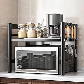 Erweiterbares Mikrowellen Regal,2 stufiges,Stehend Mikrowellenregal,mit 6 Haken,Flexibel Ausziehb…