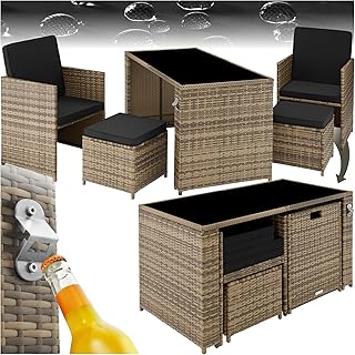 tectake Poly Rattan Sitzgruppe, 5- teiliges Lounge Gartenmöbel Set mit Tisch, Sessel & Hocker, E…