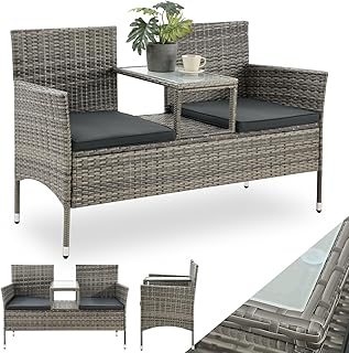 Juskys Polyrattan Gartenbank Monaco – 2-Sitzer Bank mit Tisch & Kissen – 133x63x84 cm – Rattan Si…