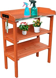 Pflanztisch aus Holz mit 3 Ablagen, Gartentisch mit Metallablage und Werkzeughaken, Orange