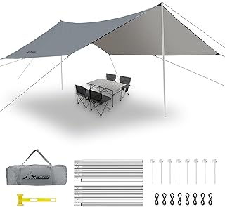 WADEO Camping Zeltplane Wasserdicht Anti-UV, 3,6 x 4,8 m Camping Plane mit Stangen+Zeltheringen+A…