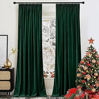 PONY DANCE Samt Vorhänge Dunkelgrün (300g/m²) Wohnzimmer Gardinen mit Kräuselband 2er Set H 2…