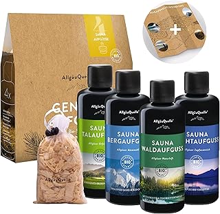 AllgäuQuelle® Saunaaufguss Set Bio 4er Sauna Zubehör 4x100ml Sauna Aufguss – Sauna Set inkl. K…