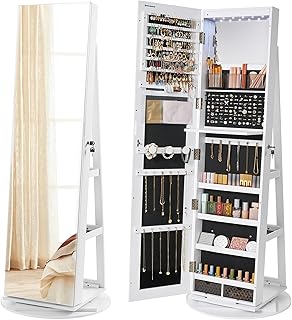 SONGMICS JJC007W01 Schmuckschrank mit Spiegel auf Füßen, abschließbar, mit 6 LEDs, Schmuckaufb…