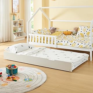 [en.casa] Bettauszug Ydre mit Rollen 197 x 94 x 22 cm Holz Bettgestell mit Lattenrost Weiß Gäst…