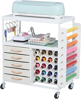 SMONTER Bastelwagen mit 28 Vinylrollenhaltern & 5 Schubladen, Mobiler Rollwagen kompatibel mit Cr…