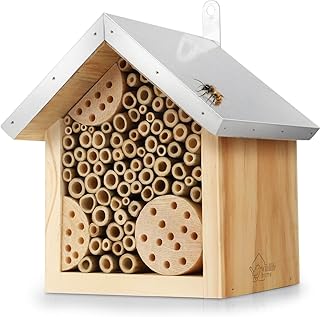 WILDLIFE HOME Bienenhotel mit Metalldach, Wildbienen Insektenhotel – Fertig Montiert aus Kiefernh…