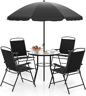 COSTWAY Gartenmöbel Set, Gartentisch mit 4 Stühlen und Sonnenschirm, Terrassenmöbel, Balkonmö…