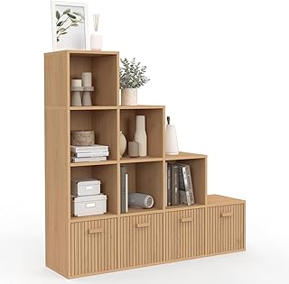 IDMarket – Treppenförmiges Aufbewahrungsmöbel LORYS 4 Ebenen Latteneffekt Juliette mit 4 Schubl…