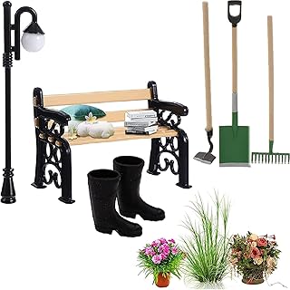 7 Stück Miniatur Gartenbank Straßenlaterne, Möbel Deko Mini Ornament, 3 Gartengeräte, 1 Parks…