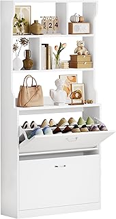 IRONCK Schuhschrank mit 2 Klappen & 3 Offenen Regalen, Hoher Schmaler Schuhkipper, Schuhkommode H…