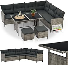 Juskys Polyrattan Lounge Manacor mit Ecksofa, Esstisch, 2 Hocker & Kissen – wetterfest bis 7 Pers…