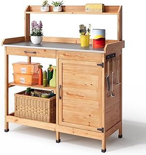 Gärtnertisch, Pflanztisch mit Schubladen & Unterschrank, Garten Arbeitstisch aus Holz mit verzin…