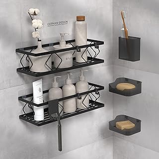 husman® Duschablage-Set ohne Bohren | Matt-Schwarz | 10-teilig mit Ablaufrillen | Kleben statt B…