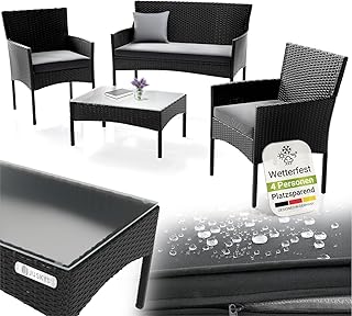 Juskys Polyrattan Sitzgruppe Fort Myers 4 Personen mit 2er Sofa, 2 Stühle, Tisch & Sitzkissen we…