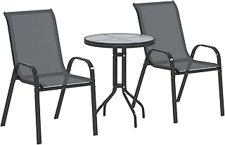 Outsunny Bistro-Set 3-teilig Wetterfest Gartenmöbel Set mit Glastisch Stapelbare Gartenstühlen …