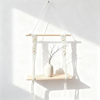 Makramee Wandregal Holz, Handgewebtes Schweberegal mit Natürlichem Treibholz, Boho Deko Hängere…