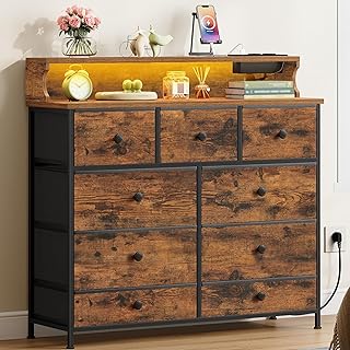 Hzuaneri Kommode, Kommode mit 9 Schubladen, LED-Lichtleiste, 2 USB & 2 AC-Anschlüssen, Vielseiti…