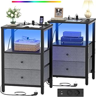 2er Set Nachttisch mit Ladestation LED, Beistelltisch 2er Set mit 1,5m Netzkabel, 2 Steckdosen & …