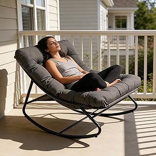 Schaukelstuhl für drinnen & draußen mit Kissen, XXL Schaukelsessel mit Hocker, Outdoor Lounge S…