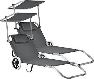 casa.pro Sonnenliege ‚Falun‘ 2er Set mit Sonnendach und Rollen Verstellbar Anthrazitgrau Gartenli…