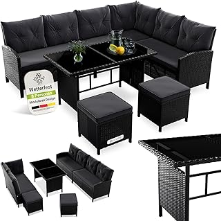 Juskys Polyrattan Lounge Manacor mit Ecksofa, Esstisch, 2 Hocker & Kissen – wetterfest bis 7 Pers…