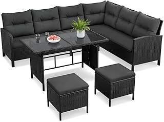 Yaheetech Polyrattan Lounge inkl. Ecksofa, Esstisch, 2 Hocker & Kissen bis 7 Personen, Wetterfest…